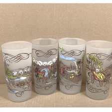 Currier and Ives Frosted Glass Tumblers Set of 4 Historic Scenes Train Carriage
