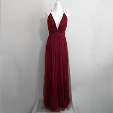 Lulus Rare Beauty Burgundy Plunging Tulle Backless Slit Maxi Dress | Size S