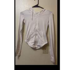 White Full Zip Women's Hoodie Hooded Long Sleeve with Pockets Solid Casual