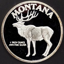 1989 Montana Statehood Centennial, Elk, 1 Troy Oz .999 Fine Silver round!