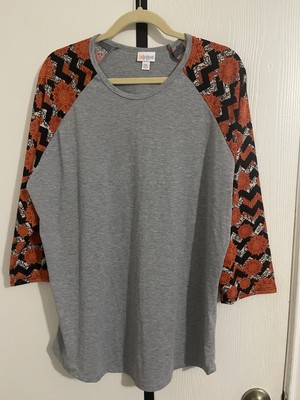 LuLaRoe Randy Women's Raglan Grey Top with Floral and Chevron Sleeves