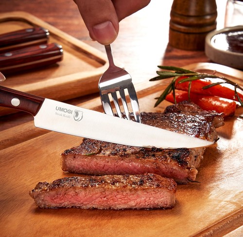 Premium Steak Knives Set of 6 in Gift Box - Polished Wood Handle, HC German S... - Picture 3 of 6