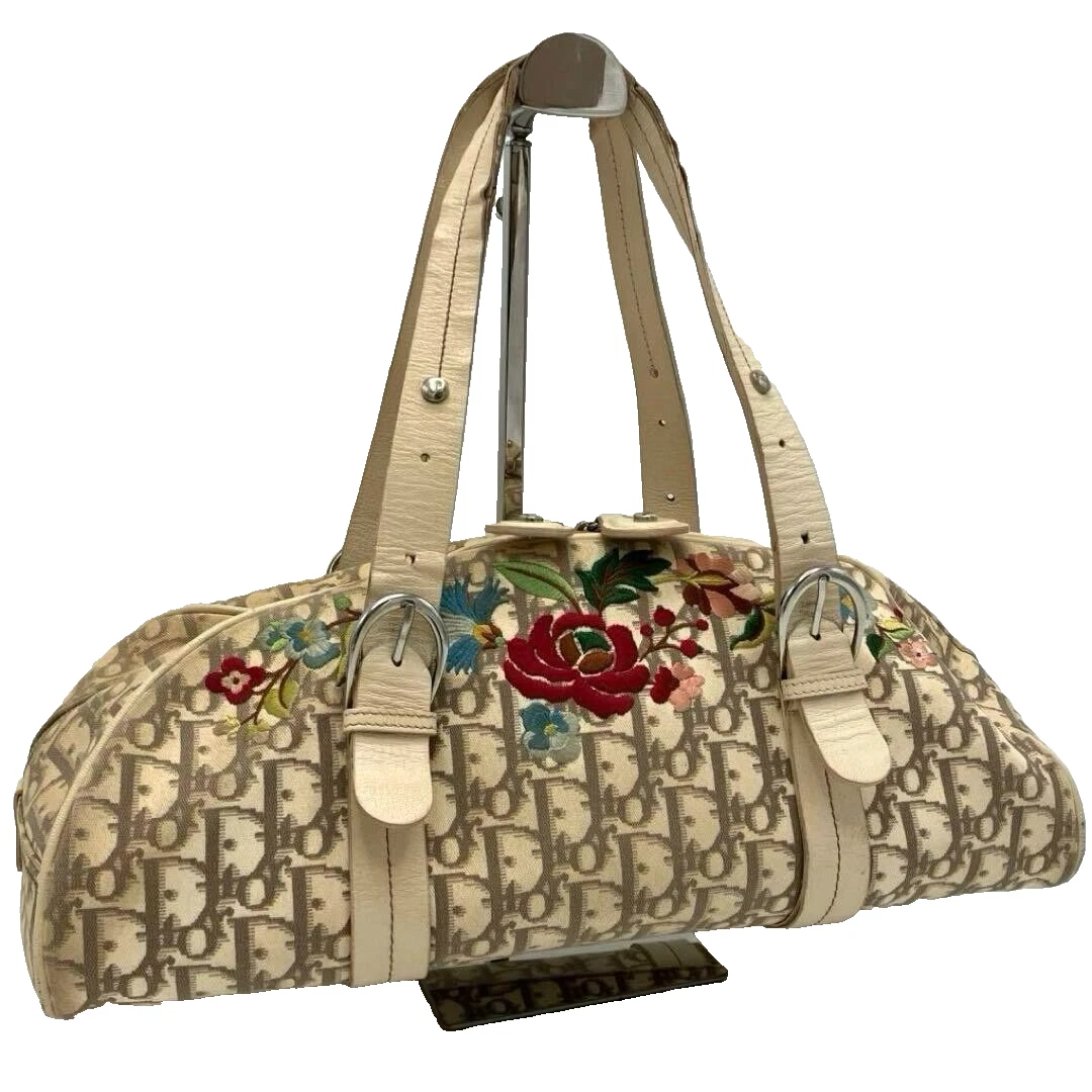 Mini sac à main Christian Dior Trotter Boston beige broderie florale occasion