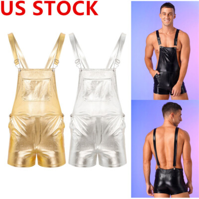 Men's Shiny Metallic Dungarees Bib Overalls Suspender Shorts Adult Hot  Pants