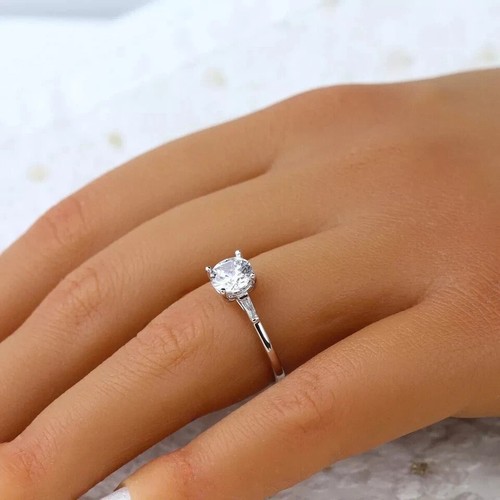 1.12Ct Round Lab Created 14K White Gold FN Engagement Three-Stone Ring - Picture 4 of 5