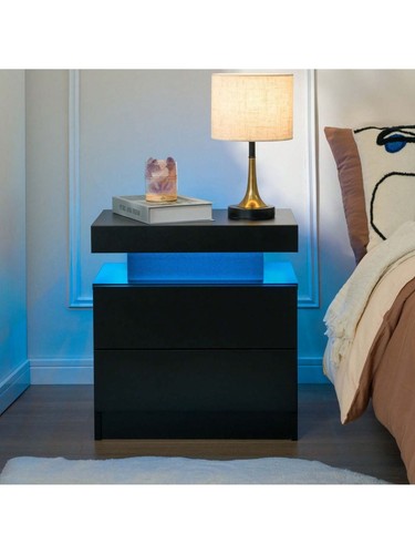 Modern LED Nightstand Bedside Table with 2 Wood Drawers Bedroom Side Table light - Picture 10 of 20