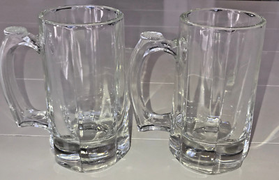2 VTG Libbey 6-Panel Beer Stein Mug Heavy Clear Glasses 12 oz Thumb Rest 6'' Tall