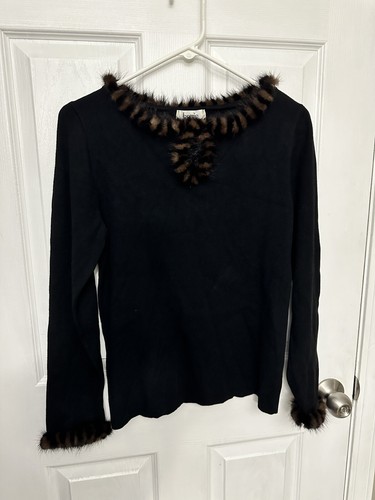 Vintage Bonnie And Bill By Holly Black Sweater Hand Spun Silk Mink Trim Glam Sm - Picture 8 of 13