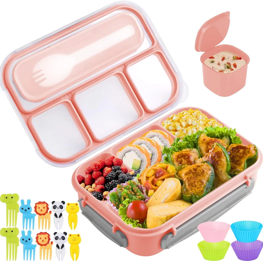 Bento Box, Lunch Box Kids, 1300ML Bento Box Adult Lunch Box with 4 Compartment &