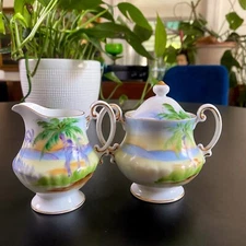 Vintage Hand Painted PALM TREES Mini Sugar & Creamer Porcelain Set Japan Nippon