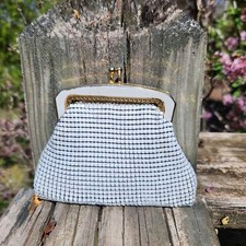 Vintage White laquered metal Mesh Coin Purse With Gold Frame  Kiss Clasp Closur