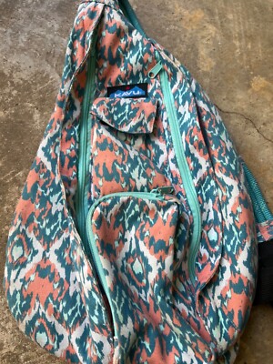 Kavu Teal & White Cotton Patterned Rope Sling Backpack Amazon.com | KAVU Mini Rope Sack Sling Crossbody Backpack  main image 2