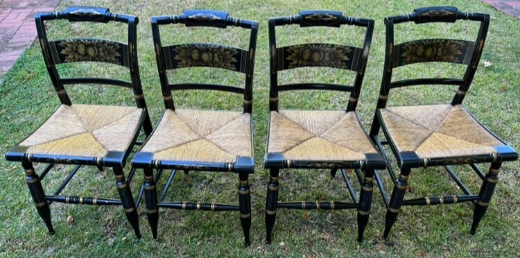 Antique L. Hitchcock Chairs Set of 4 Black & Gold Fruit Backs Rush
