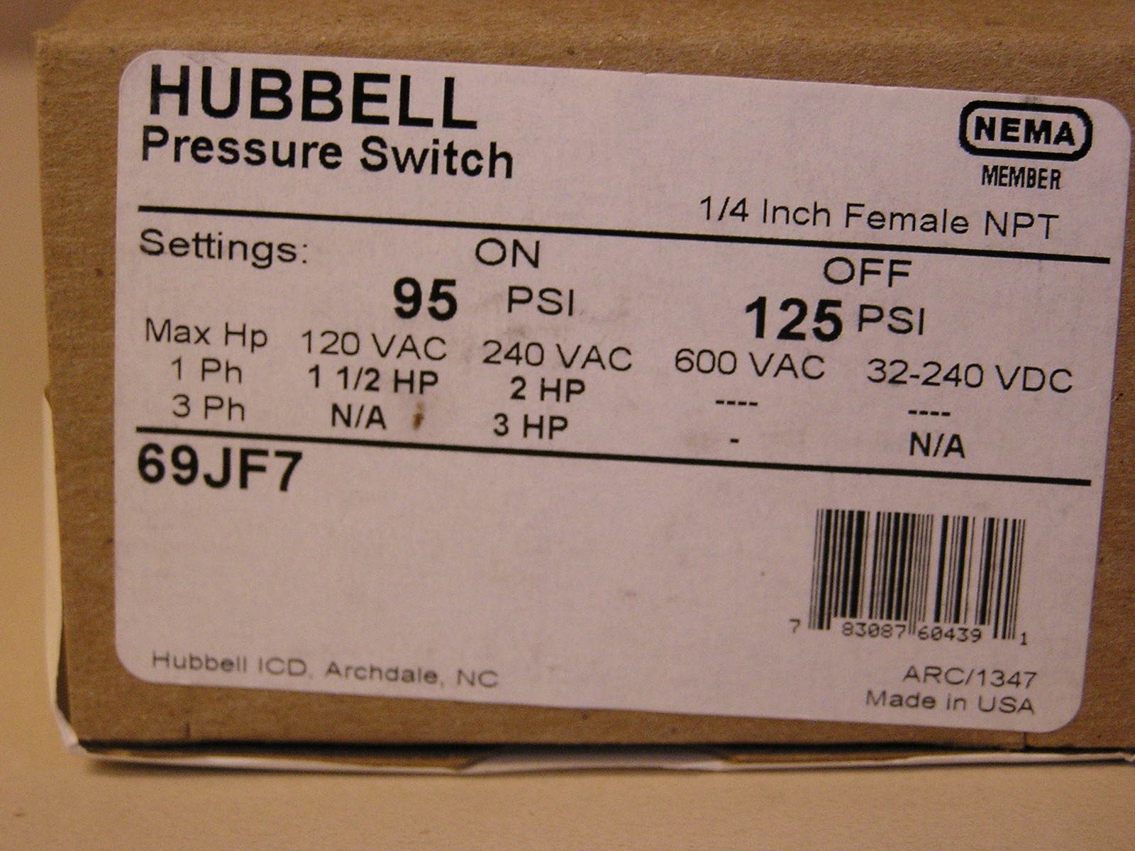69JF7 AIR COMPRESSOR PRESSURE SWITCH 95-125PSI Old# 69MB7 FURNAS/HUBBELL NEW