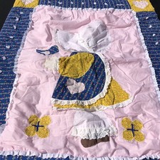 Sunbonnet Sue Appliqued Quilt 36" x 46" Tied Pink Gingham Calico