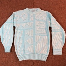 Jolie New York Vintage Geometric Knit Sweater Blue White Acrylic Made in USA