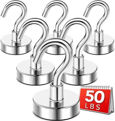 Magnetic Hooks,50lbs Heavy Duty Magnets with Hook Silver 6 Pack | Rare Earth N52