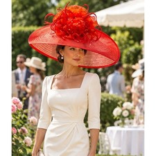 Whittall Shon Red Wide Brim Kentucky Derby Hat Feather Flower Organza Church