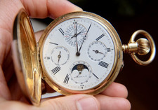 RARE! Antique HENRY MOSER & Cie Perpetual Calendar 14K Gold 55mm Pocket Watch