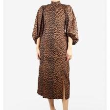 Ganni Sustain Leopard puff sleeves midi dress, Brown Leopard, Size 34