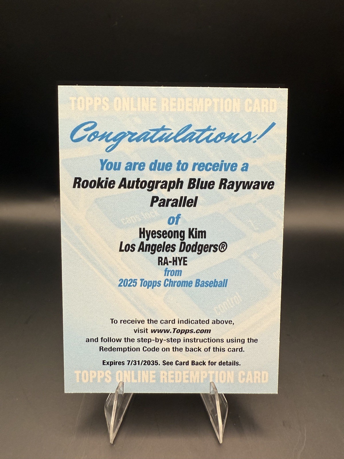 2025 Topps Chrome #RA-HYE Hyeseong Kim Blue RayWave Rookie Auto Redemption /150