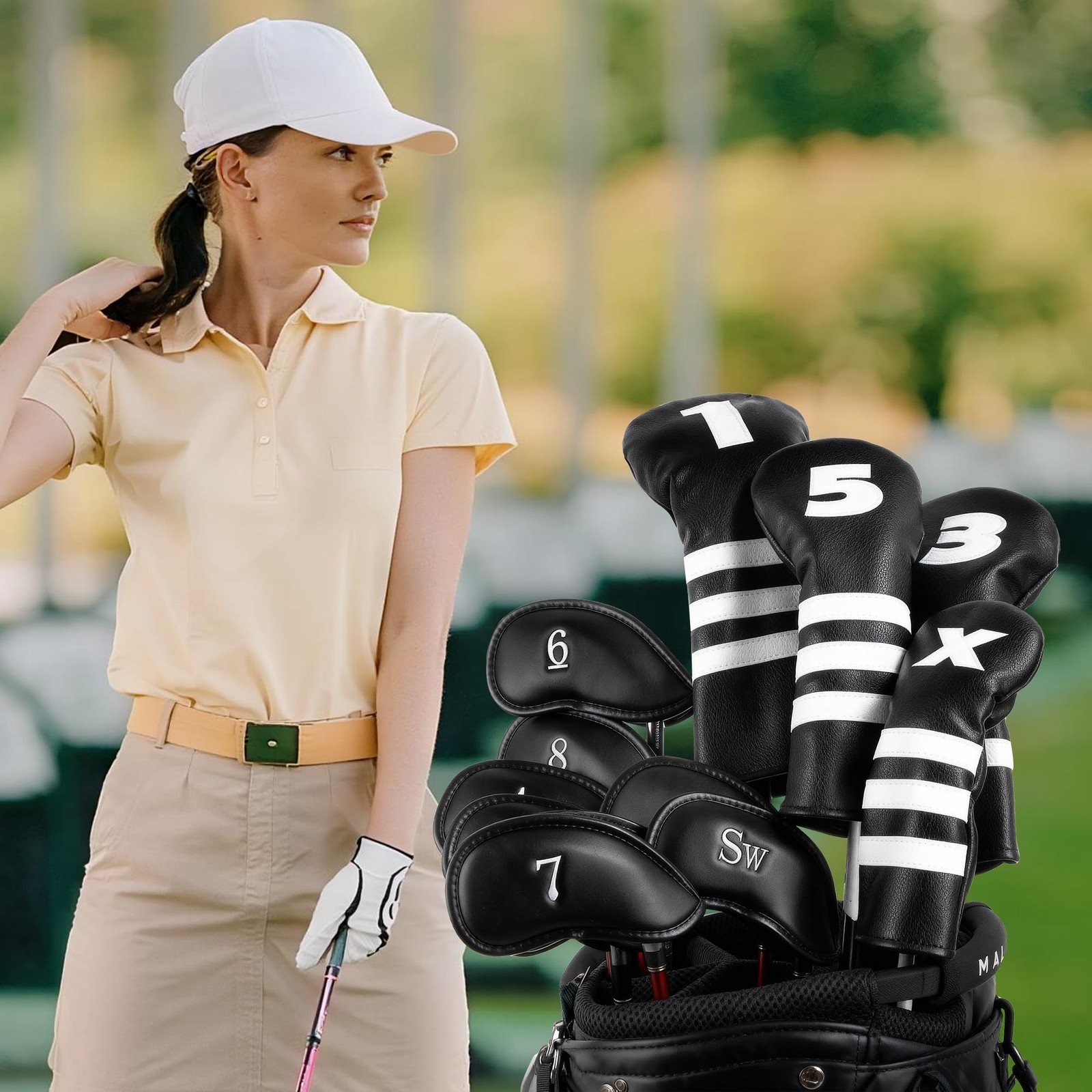 Ecsoiam Premium Leather Golf Iron Covers - Double-Sided Embroidered, Magnetic Cl