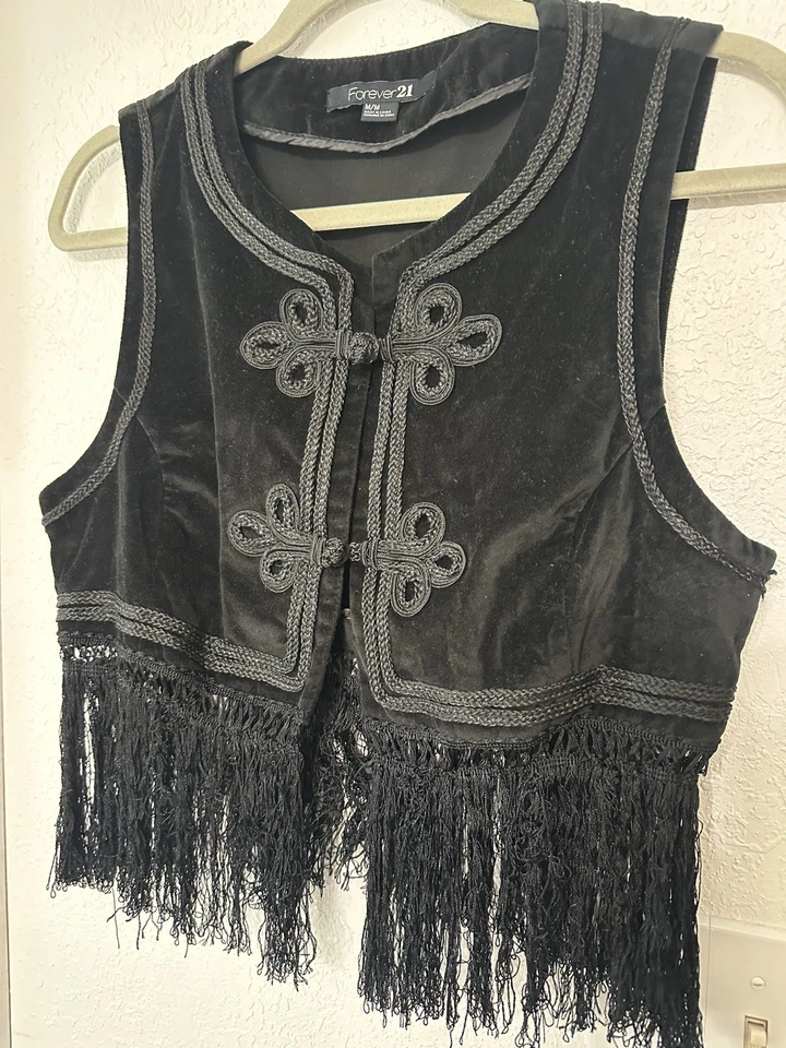 复古 Y2K Festival 波西米亚条纹嬉皮背心 Forever 21 中号黑色 — 第 4/4 张图片