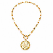 Gold Tone Lady Liberty Coin Pendant Necklace Toggle Closure 17" Statement