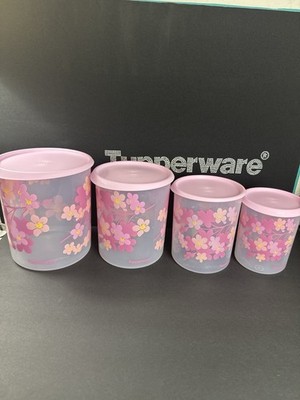 Tupperware One Touch Canister Set Of 4 Pink Flower Clear Blossom Flowers Floral