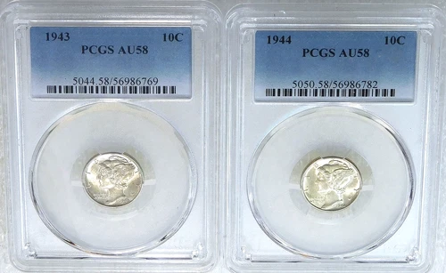 1943 & 1944 Mercury Dime PCGS AU58 Frosty lot of 2 coins in New Holders #A268B