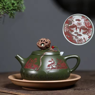 Chinesische handgefertigte lila Ton Zisha Teekanne Lotus Frosch 310 ml grüner Schlamm
