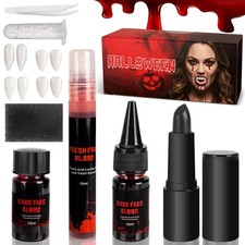 Fake Blood and Vampire Teeth Fangs Kit, 4 Pairs with Solid Red