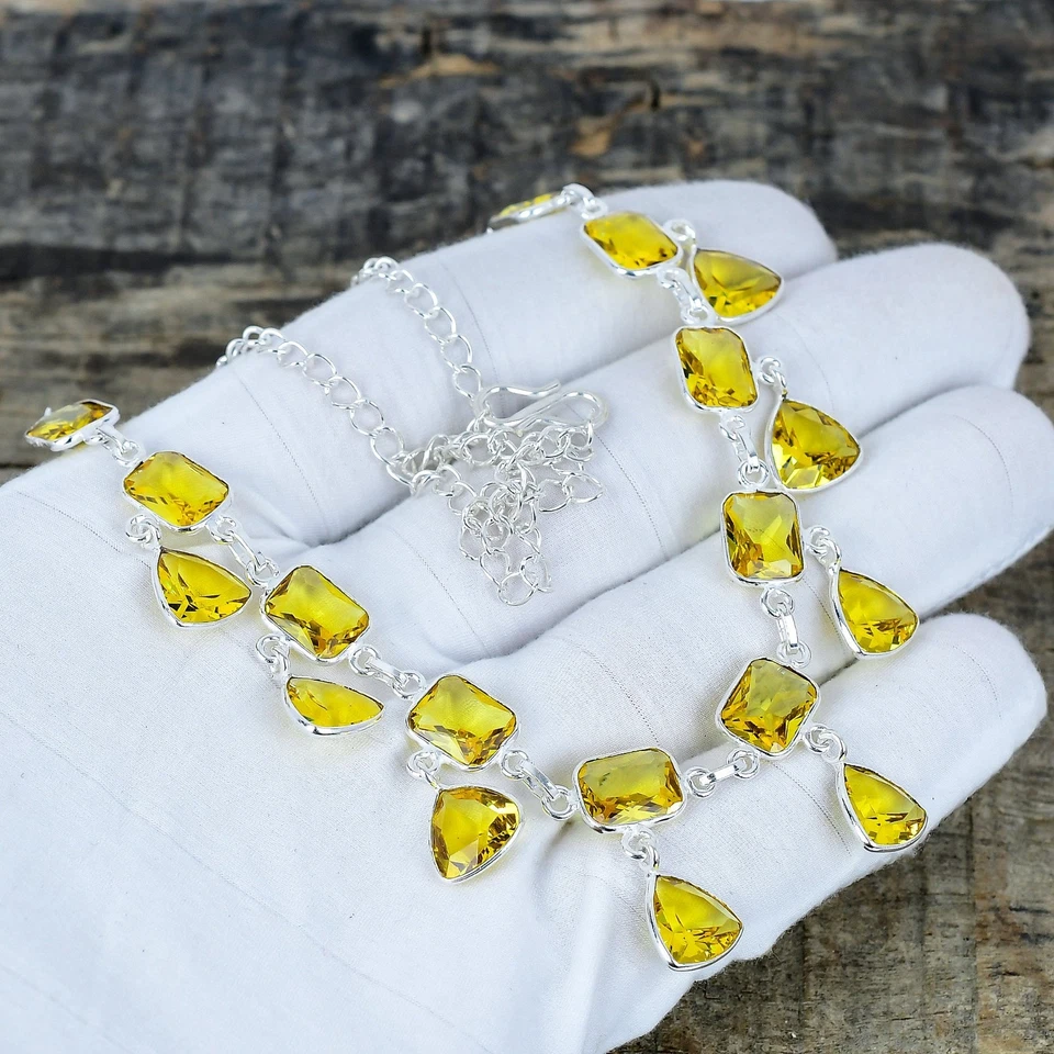 Unico Citrino Gemma 925 Argento Sterling Mano Gioielli Collana Love Regali - Immagine 2 di 4