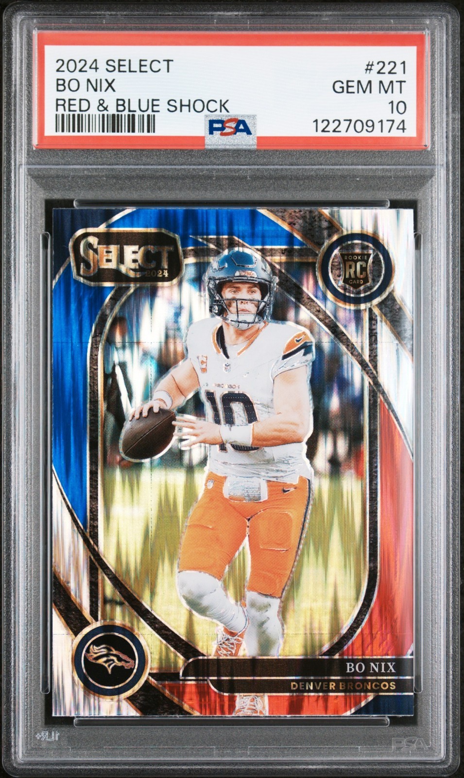 BO NIX – 2024 Panini Select Club Level Red & Blue Shock Prizm RC #221 PSA 10