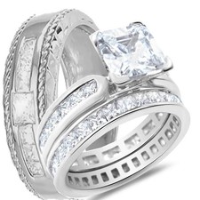 Juego de 3 anillos de compromiso de boda para él y ella bandas a juego para novia y novio