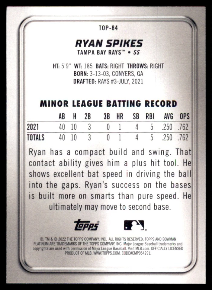 2022 Bowman Platinum Top Prospects Ice #TOP84 Ryan Spikes Rays - Image 2 of 2
