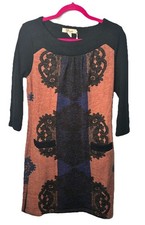 Aryeh Women’s Black, Brown, Blue Geometric Sweater Dress With Pockets Sz. M NWT