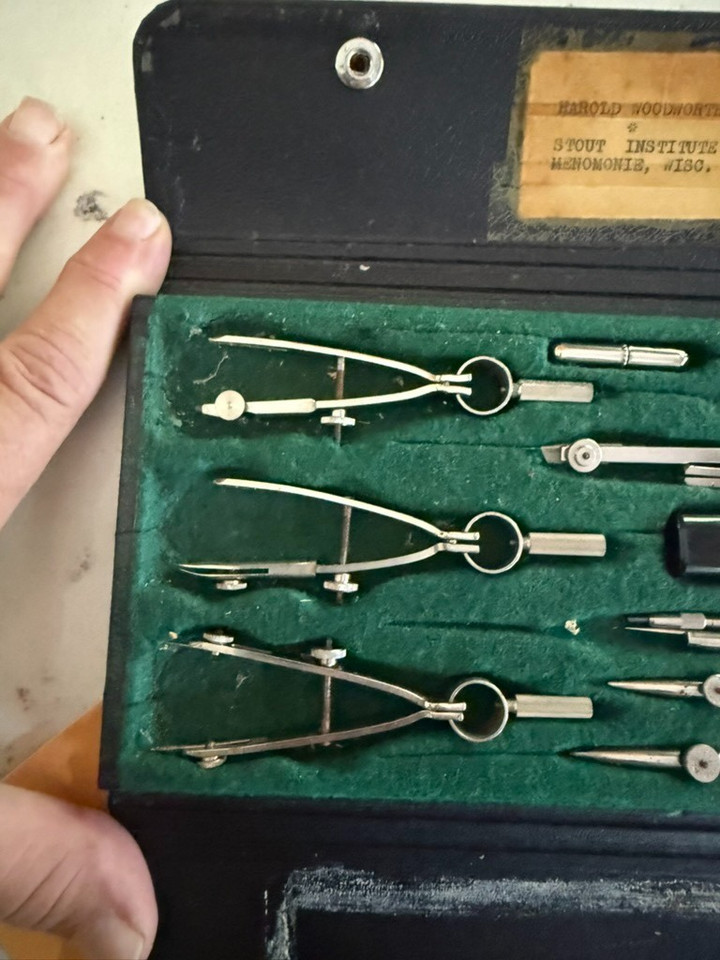 A vintage Post Design Master compass and slide rule set in one kit — the kind of drafting tool that a mid-century engineer would have guarded with their life.