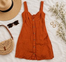 Maeve Anthropologie Linen Blend Rust Button Front Mini Dress Small Pockets