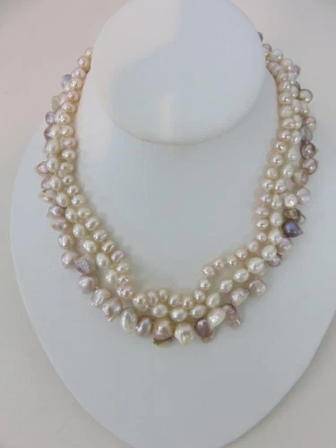 3-Strand Baroque Pearl Necklace Sterling Silver Gold Vermeil Clasp 17"
