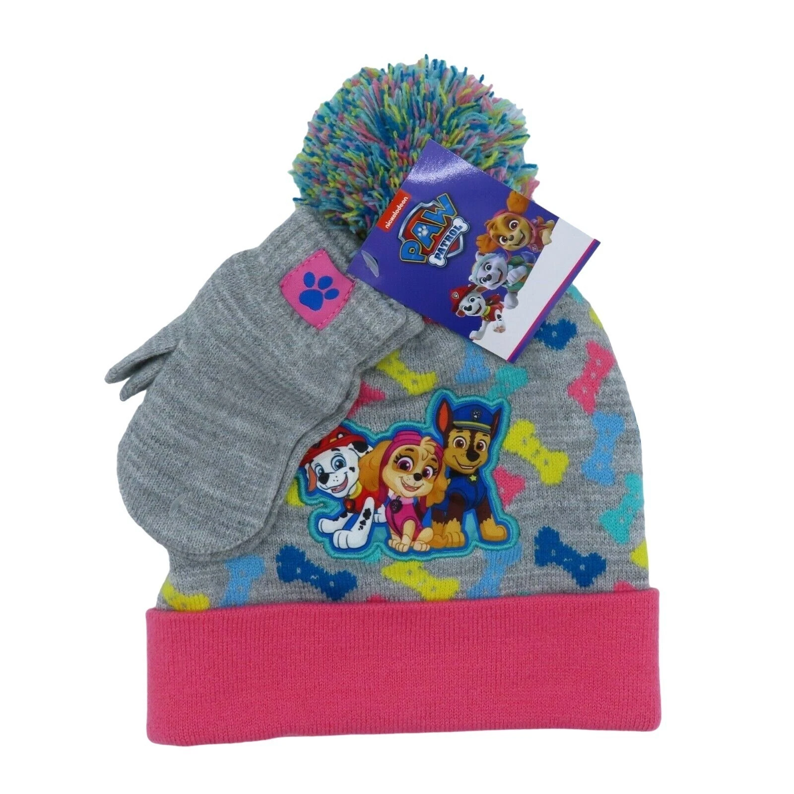 Paw Patrol Toddler Girls 2T-5T Patch Pom Pom Hat Mittens Nickelodeon Winter NEW