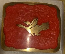 Vintage Metal Belt Buckle, Nice Brass and Red Crushed Turquoise, Flying Ducks, N