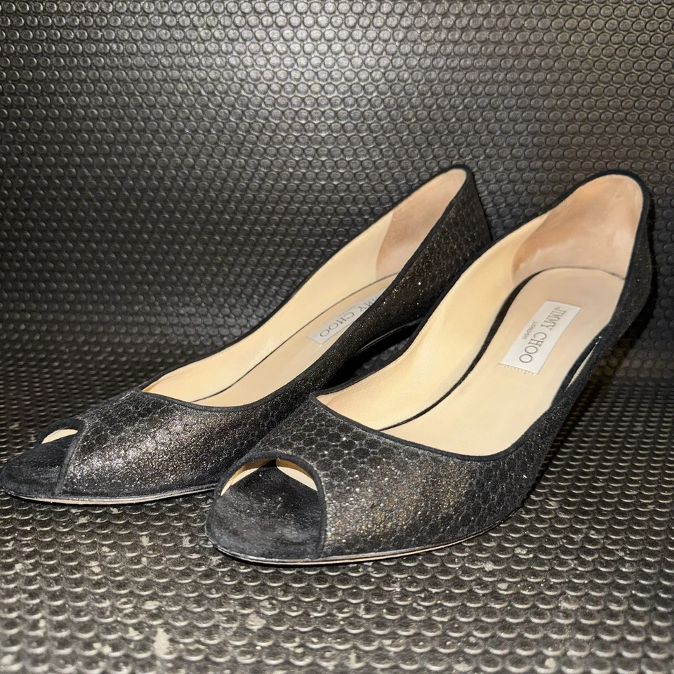 Zapatos de salón JIMMY CHOO Isabel negros brillantes punta abierta tacón bajo para mujer talla 11 (41) Foto 2 de 4