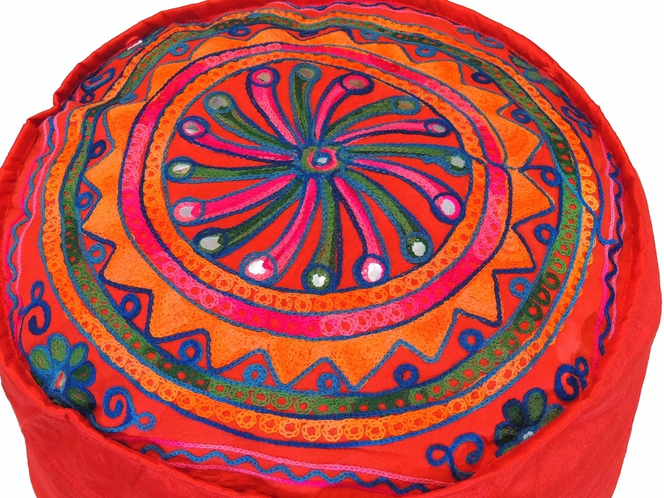Red Round Pouf Seating Footstool Cover Floral Embroidery Ottoman Slipcover 16" - Image 2 of 3