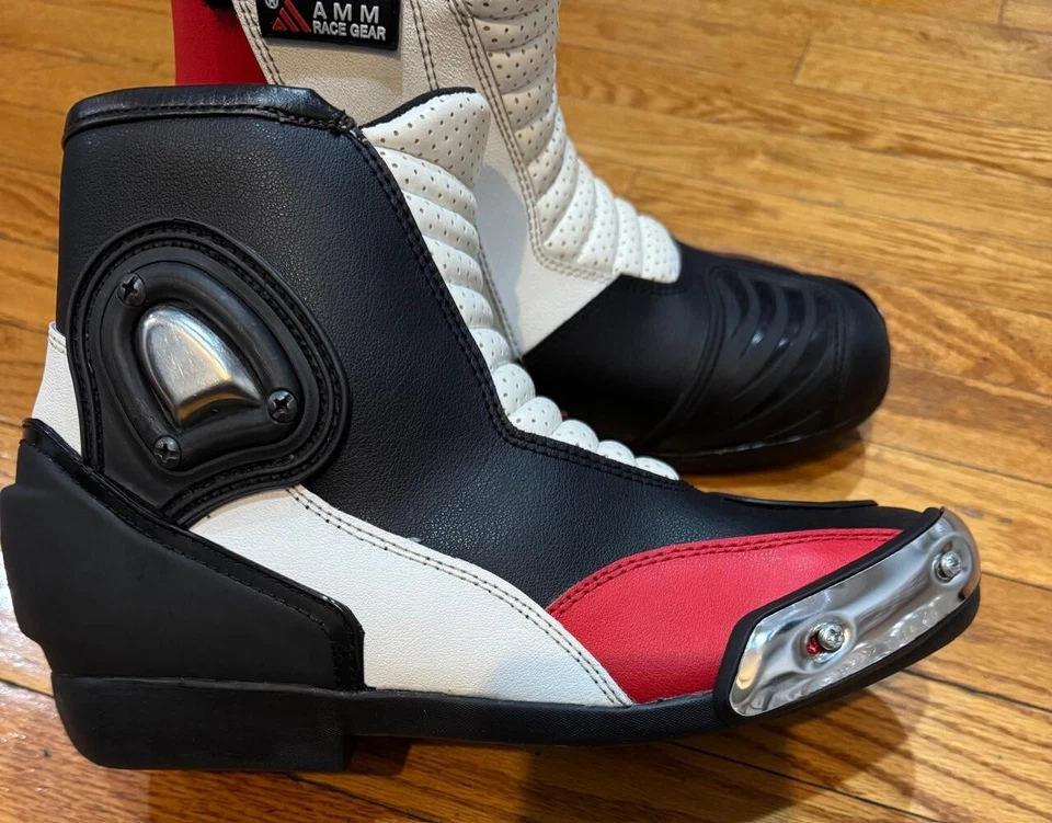 Zapatos de Cuero Genuino Motocicleta Moto Botas Cortas Negro/Rojo/Blanco-9 Foto 3 de 4