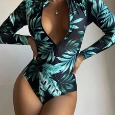 One Piece Womens Swimsuit Long Sleeves Bodysuit Jumpsuit Swimwear Bathing Suits