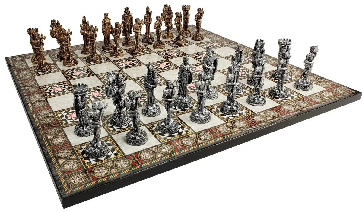 Medieval Times Crusades Pewter METAL Chess Set 16 Black & Red Faux Marble  Board