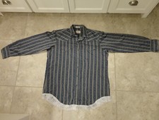 Vtg 70's H Bar C Ranchwear Western Bottom Fringe L/S Snap Shirt Adult 17 1/2 36