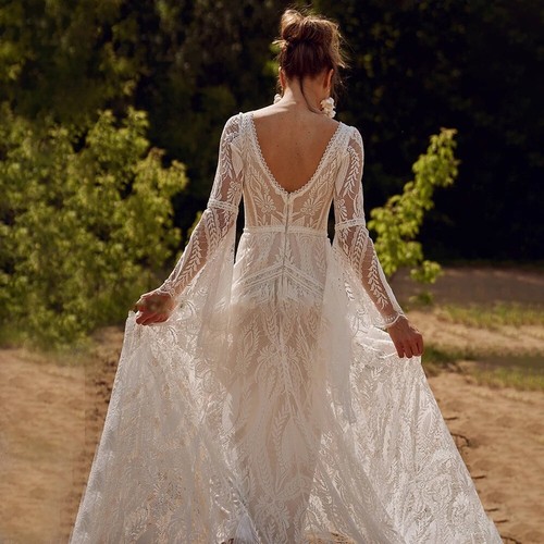 Boho Lace Mermaid Wedding Dress V Neck Long Flare Sleeves Open Back Gown - Picture 3 of 14