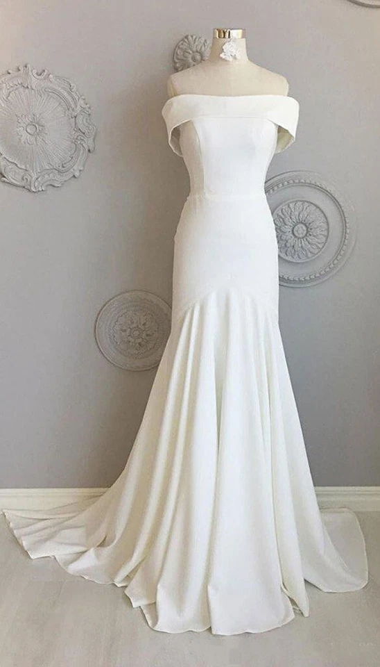 Elegant Chiffon Wedding Dresses Mermaid Off the Shoulder White Ivory Sweep Train - Image 4 of 4
